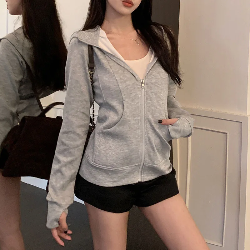 Black Gray Hooded Jacket for Women Korean Slim Long Sleeve Zipper Hoodies Ladies Autumn Winter Versatile Cropped Sweatshirts - Image 2