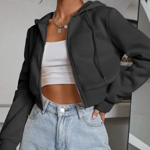 Women's Solid Long Sleeve Drop Shoulder Zip Up Hoodie, Fashion Casual Hooded Cropped Outerwear for Daily Wear, Women Clothes