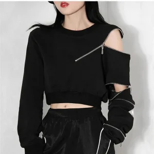 Sexy Cropped Hoodies Women Harajuku Hip Hop Black Zipper Sweatshirts Y2k Korean Long Sleeve Casual Pullovers Streetwear Tops