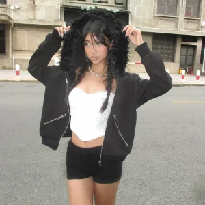 Autumn/Winter Fashion Streetwear Women's Black Zip-Up Hoodie Furry Hood Trendy Casual Long Sleeve Cropped Jacket Y2K Streetwear