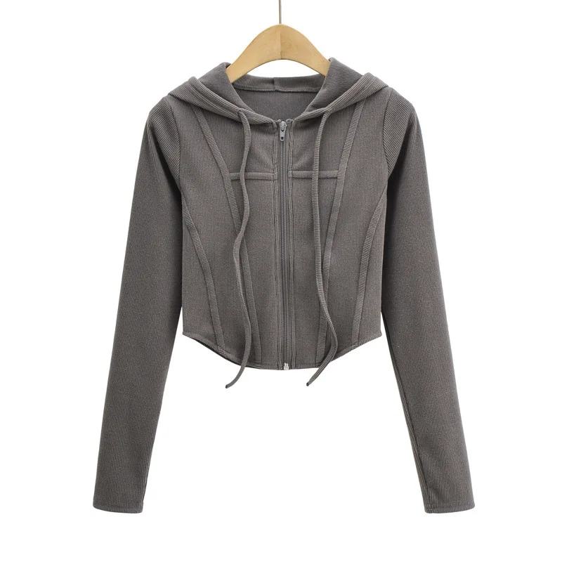 Fall fashion cropped hoodies women zip up hoodie korean fashion sweatshirts hooded cute long sleeve crop top sexy curve hem - Image 4