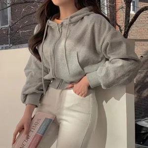 Casual Short hooded Sweatshirt Women Y2K Zip Up Hoodies Harajuku Long Sleeve Crop Top Female Loose Jackets Coat