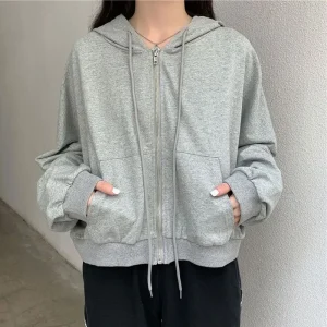 Lucyever Casual Hooded Sweatshirt Women Black Gray Y2K Zip Up Cropped Hoodies Female Harajuku Long Sleeve Loose Sports Jacket