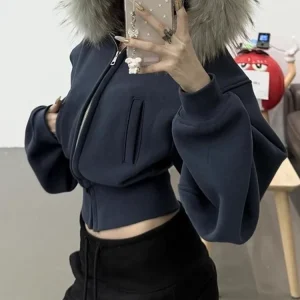 American Retro Fur Collar Slim Fit Cropped Jacket Women Zip Up Long Sleeve Hooded Shirt Streetwear Y2K Black Hoodies Sweatshirts