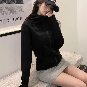 Black Gray Hooded Jacket for Women Korean Slim Long Sleeve Zipper Hoodies Ladies Autumn Winter Versatile Cropped Sweatshirts