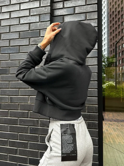 Women's Solid Long Sleeve Drop Shoulder Zip Up Hoodie, Fashion Casual Hooded Cropped Outerwear for Daily Wear, Women Clothes - Image 3