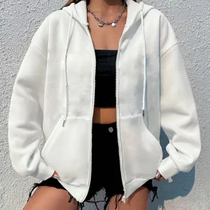 Black White Women's Zipper Hoodies Jacket Cotton Fleece Hoody Sweatshirt Pullover Autumn Winter Oversized Loose Tops Coat Unisex