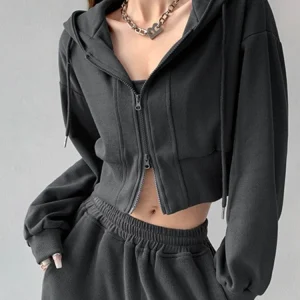 Full Zip Up Women's Hoodies Sweatshirts Plain Korean Clothing Aesthetic 90s Vintage Essential Basic Female Hooded Top Cropped