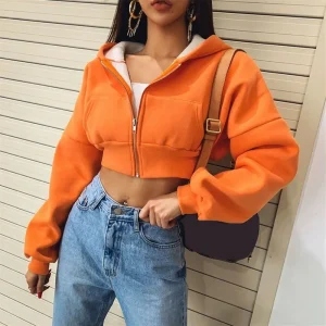 Cropped Zip Up Hoodies Women Streetwear Vintage with Pockets Short Sweatshirt Femme Outwear Harajuku Y2K Solid Hooded Jackets