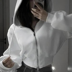 Casual Short Hooded Sweatshirt Women Zip Up Hoodies Mujer Solid Harajuku Long Sleeve Slim fit Crop Top Female Jackets Coat