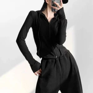 American Retro Gothic Punk Style Cropped Hoodie 2025 Women's Slim Fit Zip Up Jacket Long Sleeve Workout Sweatshirt